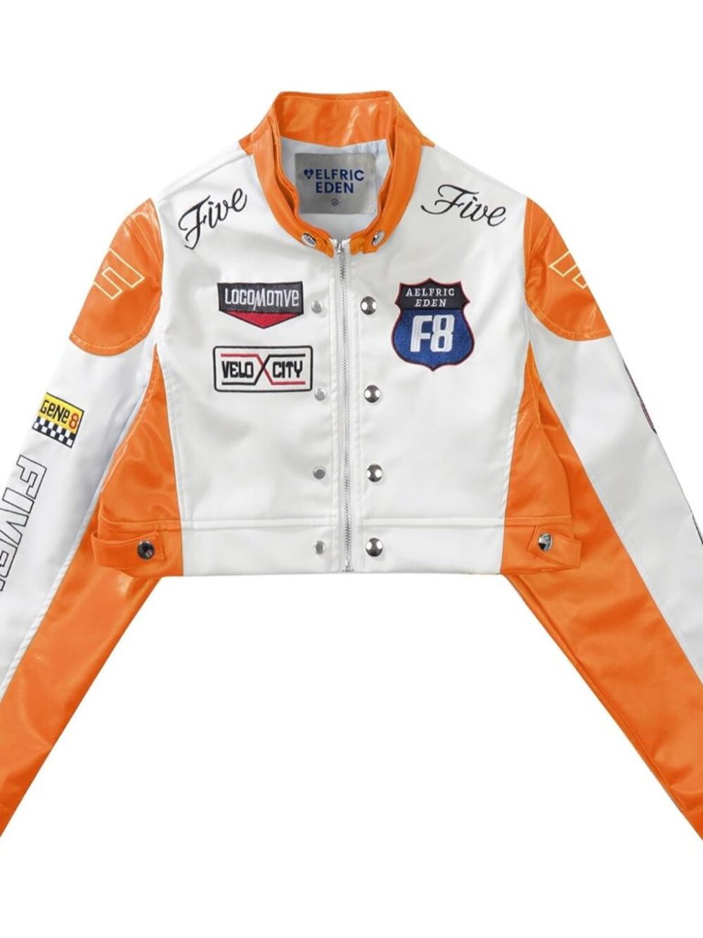 ⚡Women's Orange PU Crop Moto Biker Racing Trendy Fashion Cropped Leather Jacket